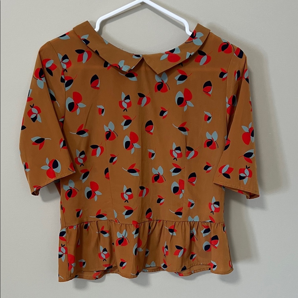 Vintage Style Structured Peter Pan Neckline Blouse | Earthy Coquette Peplum Top - Picture 2 of 16